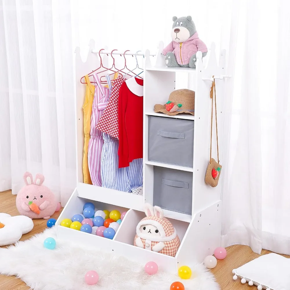 Dress Up Storage for Girls, Kids Play Armoire with Light, Mirror, Clothing Rack and Storage Bin,White