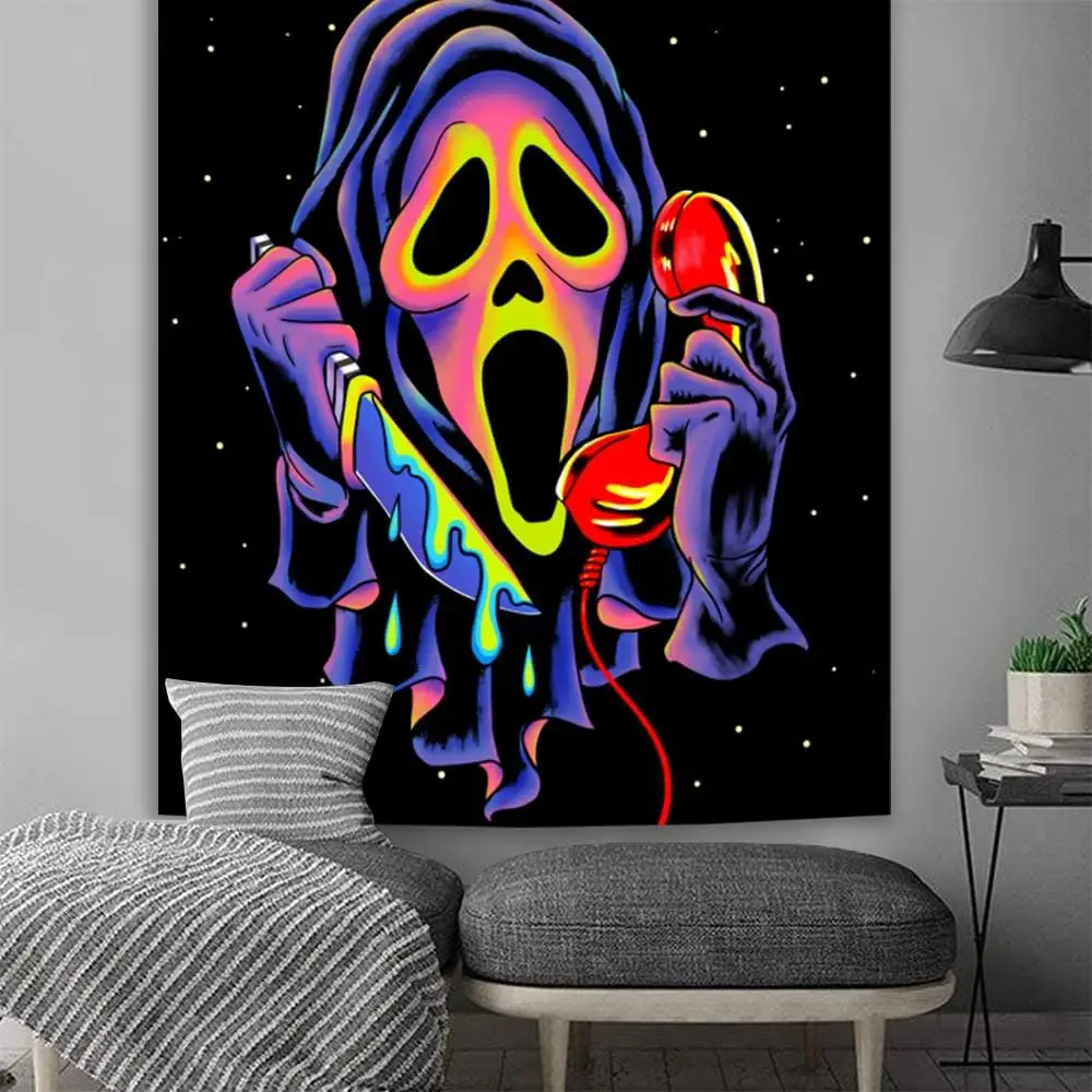 Blacklight Horror Face Tapestry, UV Reactive Trippy Wall Hanging Glow in the Dark Party Backdrop for Living Room Decor