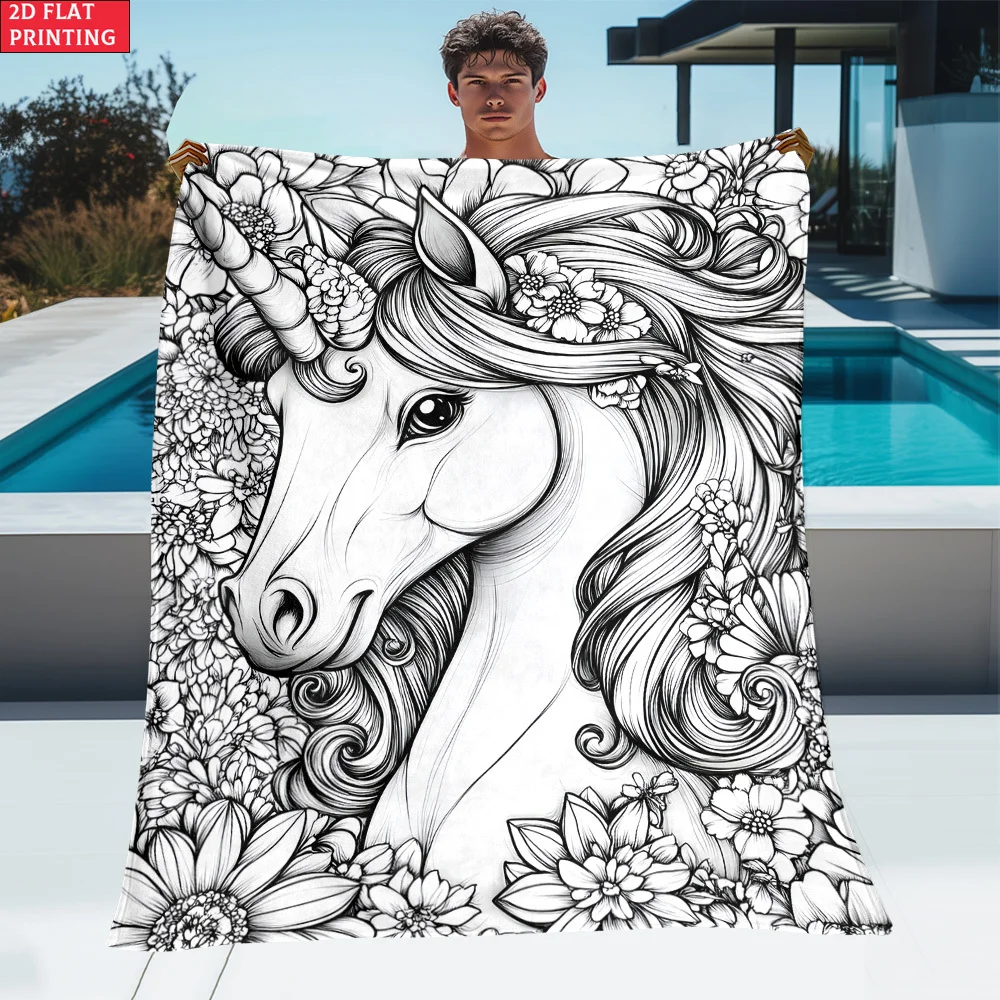 Minimalist Black White Line Drawing Floral Unicorn Sketch Print Blanket, Light Flannel Throw For Couch Room, Lovely Girl Blanket