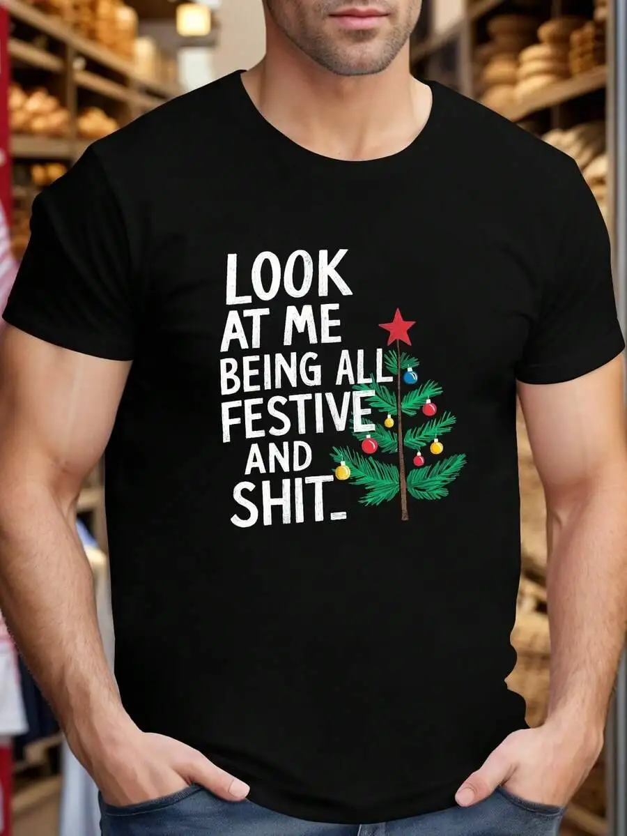 Men's Plus Size Graphic T-Shirt, Funny Holiday Saying, Black With Red/Green Accents, Party Outfit, Big & Tall 100% Cotton Trendy