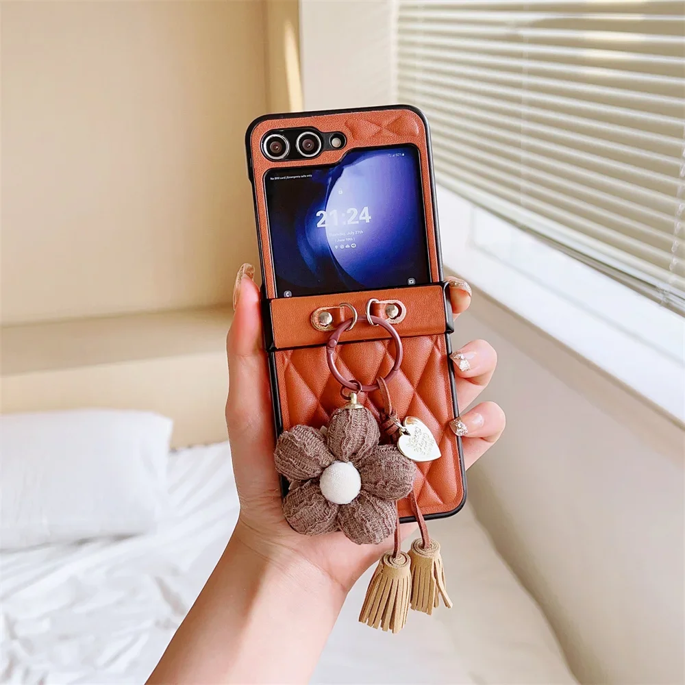 FLower Ring Leather Phone Case for Samsung Galaxy Z Flip 6 5 4 3 Flip5 Flip4 Flip3 5G Protective Shockproof Cover