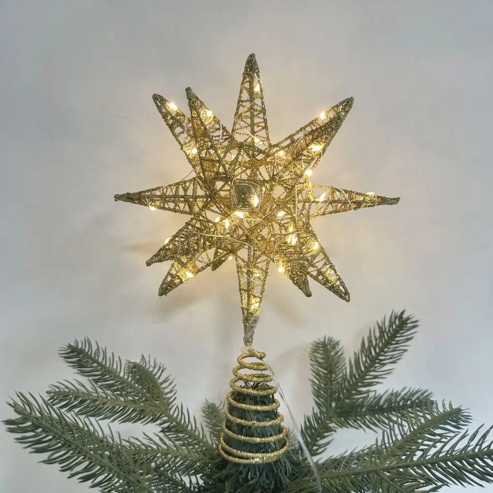 LED Lighted Star Tree Topper Iron Ornament For Christmas Tree Decor Battery Operated Holiday Festive Home Decoration