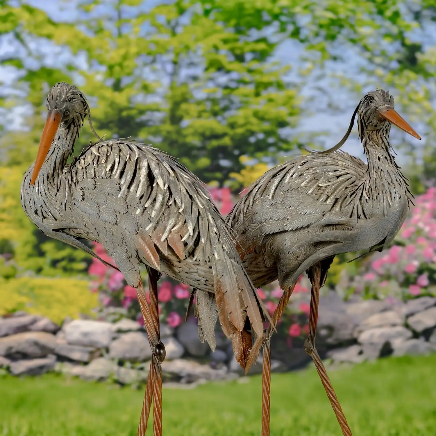 Set of 2 Large Metal Heron Statues Highly Detailed Garden Decor, Outdoor Bird Sculptures, 36 Inches Tall