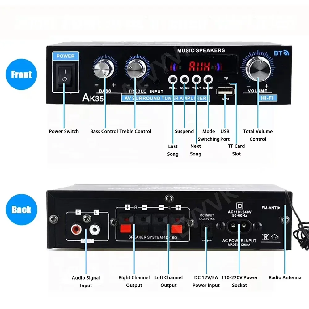 AEVYVKV domácí energie zesilovač CH 2.0 Bluetooth bas amp AK35 HIFI digitální audio zesilovače FM USB vzdálený 100-240V