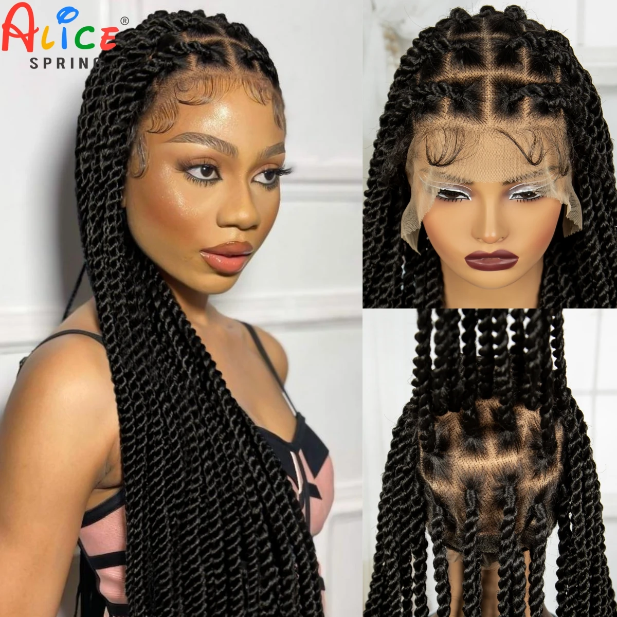 34inch Twisted Braided Wigs Synthetic Knotless Box Braided Lace Wig with Baby Hair Full Lace Twist Braids Wig for Black Women