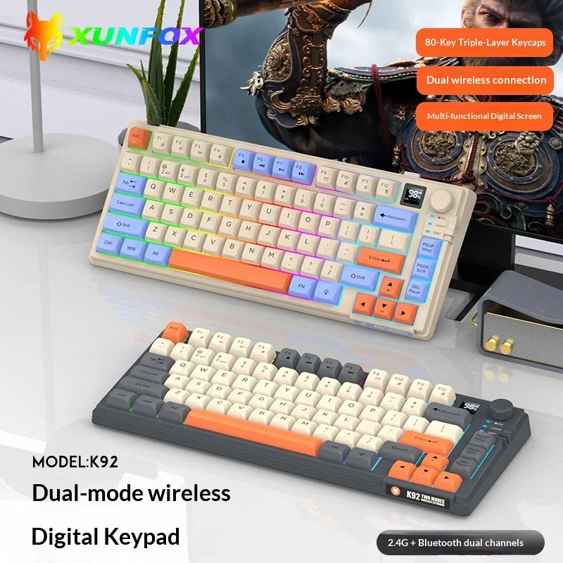 

Official Authentic Xunsvfox K92 Wireless Bluetooth 2-Mode Mechanical Touch Keyboard Mda Ball Cap With Display Knob Game Keyboard