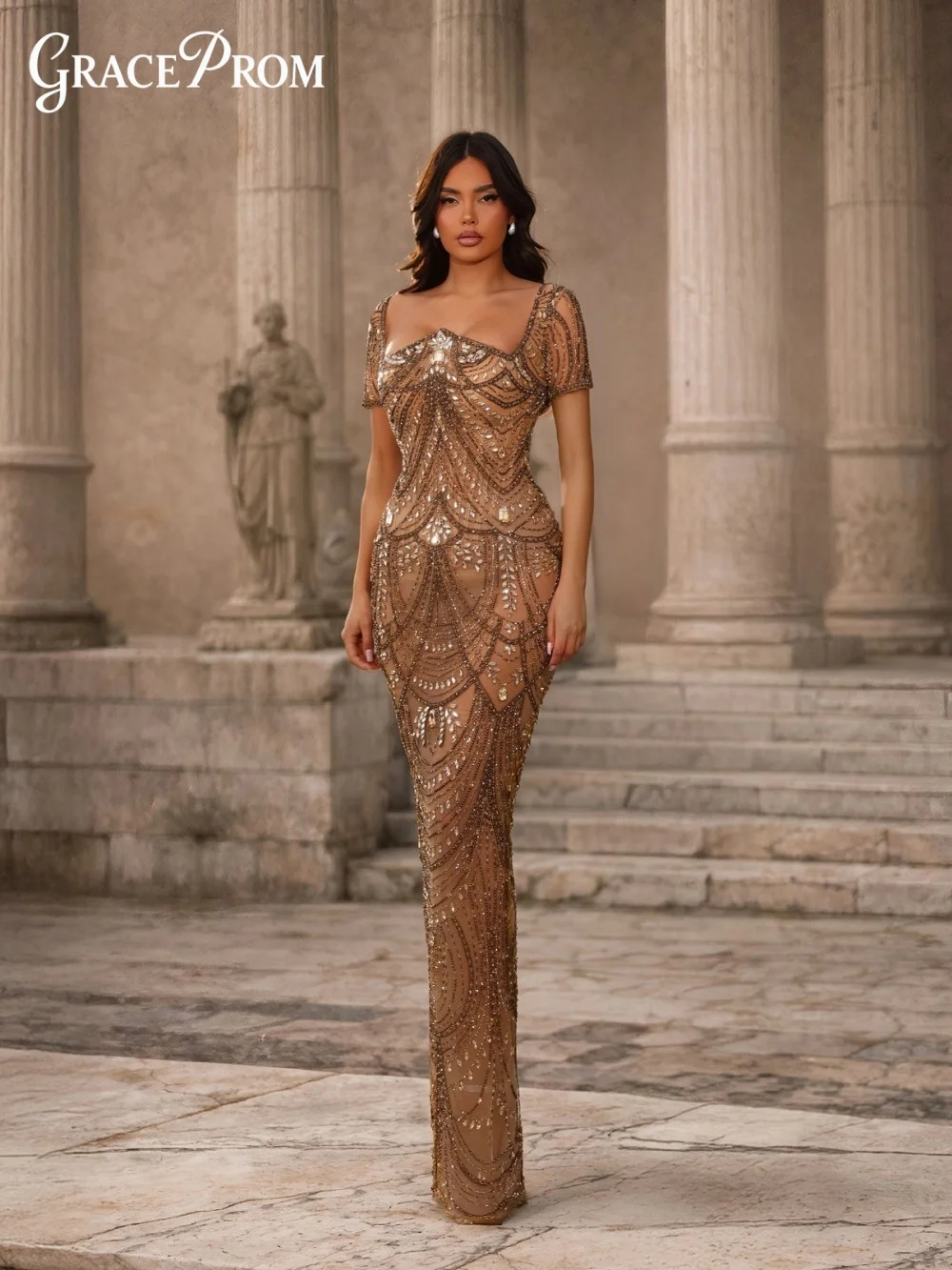 

Opulent Goldish Nude Long Dress With Short Sleeves 2026 Exquisite Bead Party Dress Evening Gown For Wedding Guests فساتين سهرة