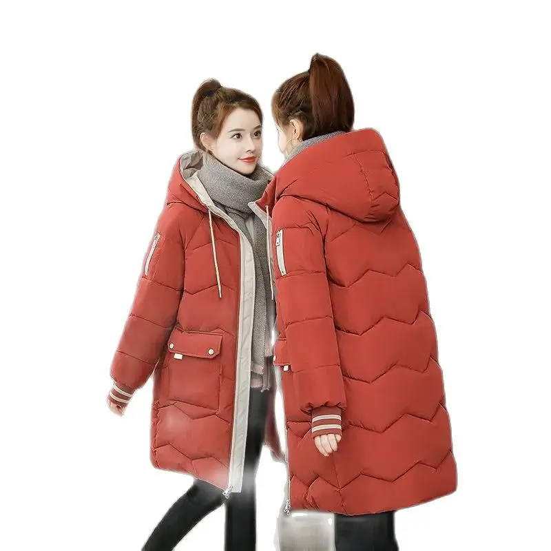 

Autumn Winter Mid-Long Padded Jacket Women 2023 New Loose Hooded Down Cotton Coat Pure Colour Thick Overcoat Parkas Female