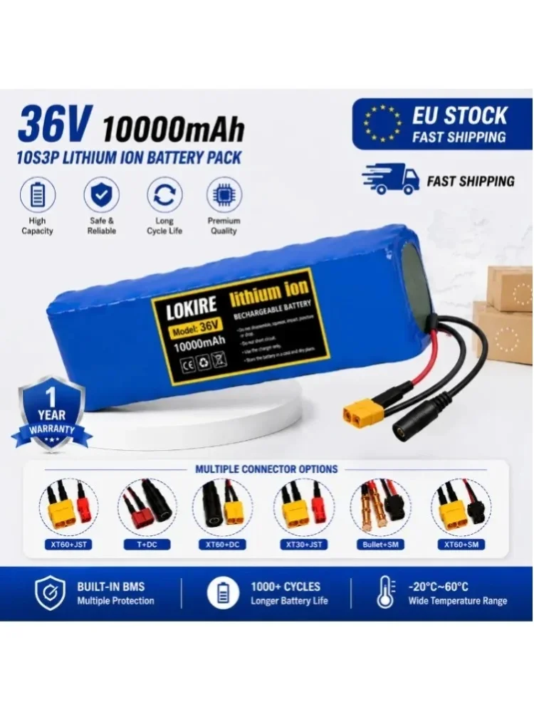 10S3P 36V 10000mAh 18650 Lithium-Ionen-Akkupack Wiederaufladbarer Akku für Elektroroller E-Bike Fahrrad 1000W Motor Ersatzakku mit Smart BMS-Schutz Überladungs- Überentladungs- Kurzschluss-Sicherheit