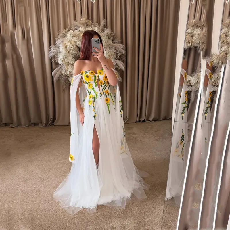 فساتين سهرة بسيطة مخصصة على شكل حرف a من التل الأبيض بطبقات طول الأرض بدون حمالات مطوي قبالة الكتف مزينة بفساتين 2025 #3