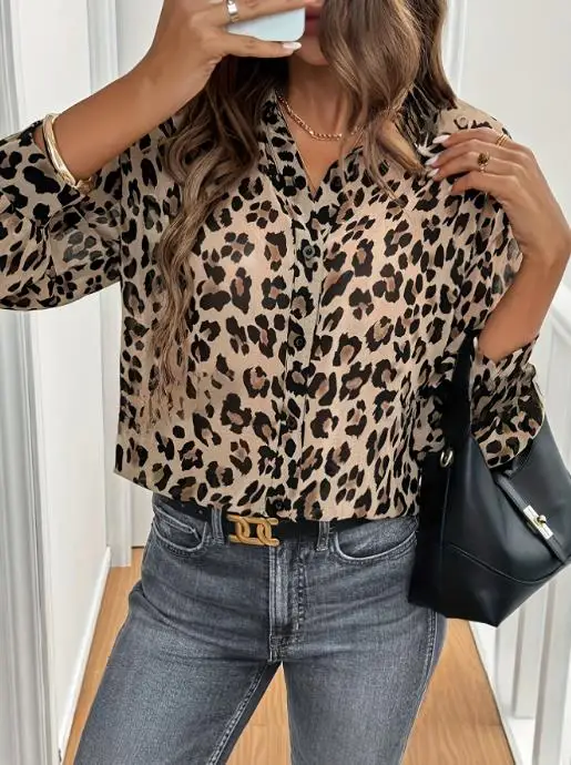 秋の新作 ラペル レオパード柄 スリムフィット 長袖シャツ レディース、ファッショナブルでトレンディな通勤スタイル 長袖シャツ