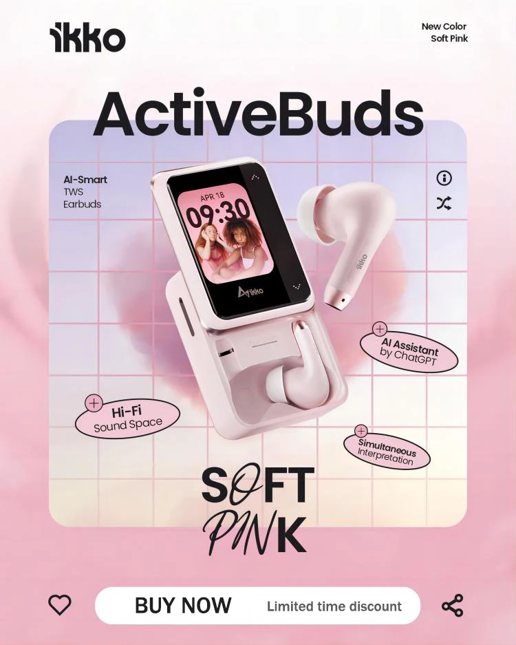 

iKKO ActiveBuds Pink AI Smart TWS Earbuds Bluetooth Earphone Wireless Headphones In-Ear Headset chatgpt 4o assistant/translation