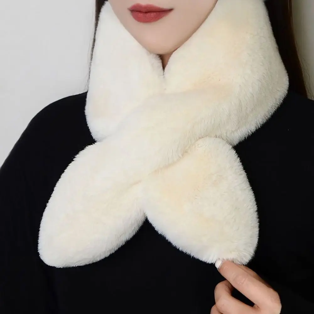 

Winter Warm Solid Color Cross Scarf Faux Rabbit Fur Plush Thicken Neck Scarf Neckerchief Wrap Women