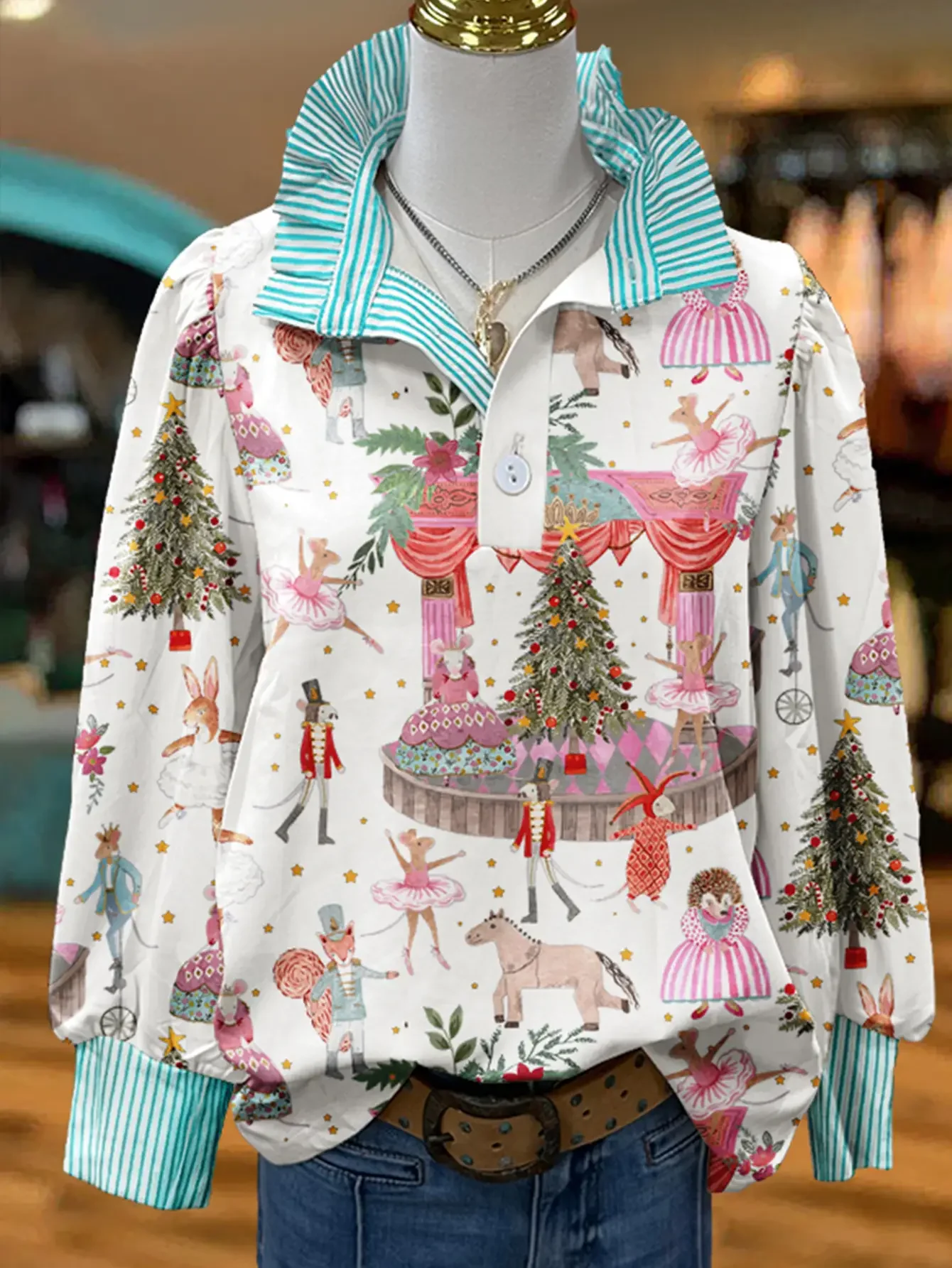 2026 Christmas women's striped shirt with multi-color striped collar and Various eye-catching bow designs