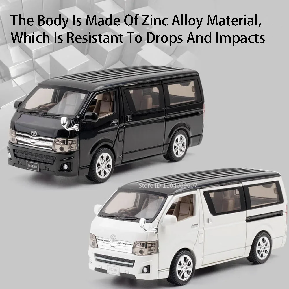Modelli di auto giocattolo HIACE in scala 1:32 Porte MPV pressofuse in lega aperte Tirare indietro Suono Luce Veicolo da viaggio d'affari Regali per ragazzi