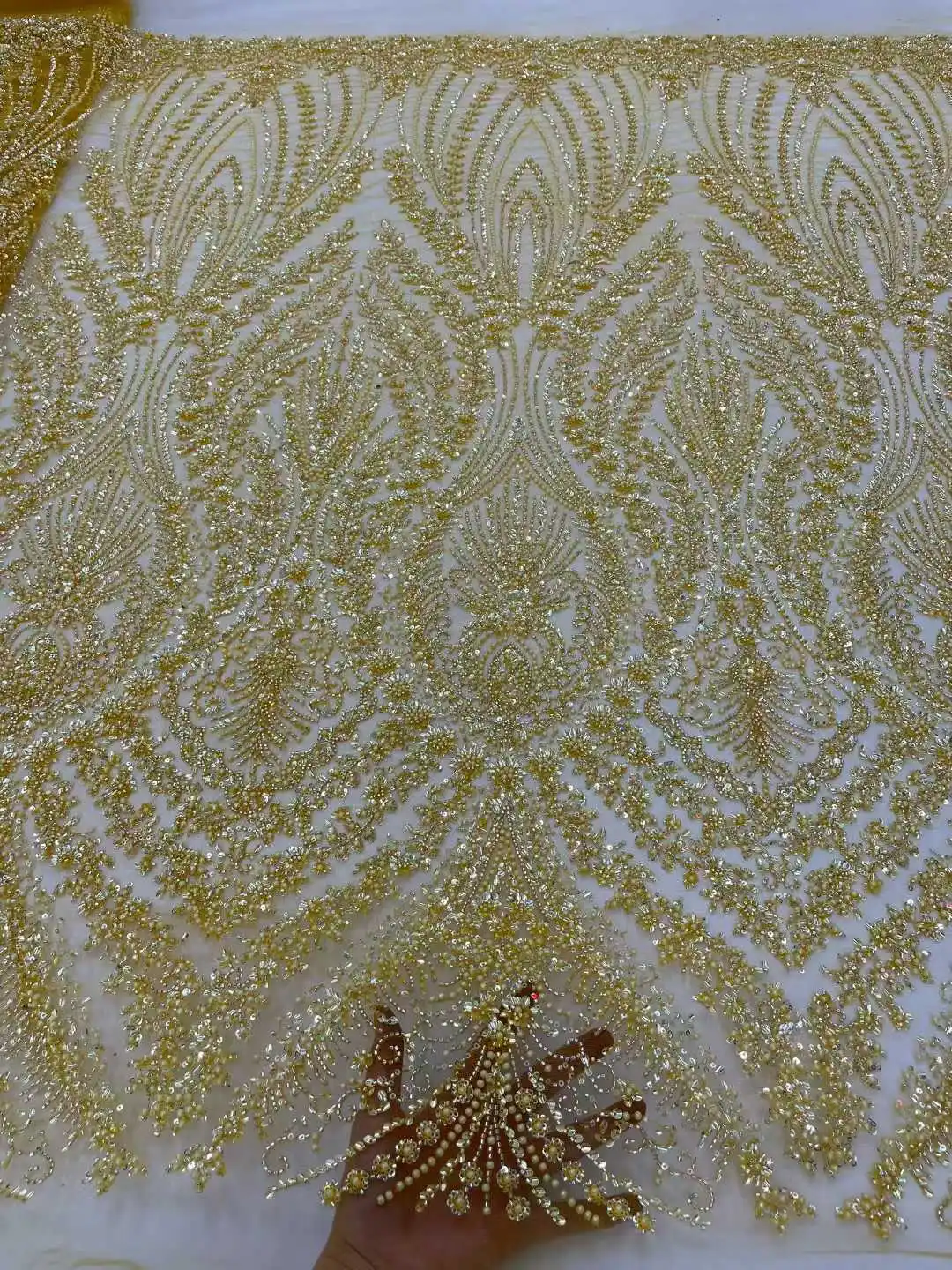 高級アフリカナイジェリア産スパンコールビーズ付きレース生地2025高品質フランス製ゴールドメッシュレース生地、パーティー、ウェディングドレス縫製用