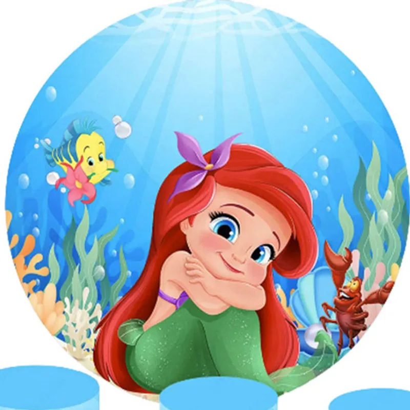Round Backdrop And 3 Cylinder Covers Background Photography The Little Mermaid Ariel Baby Shower Birthday Party Decoration Props