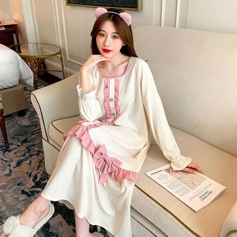 2024 New Pajama Women Autumn Winter Cotton Jacquard Sleepshirts Solid Color Sweet Nightgowns Doll Neck Long Sleeve Homewear