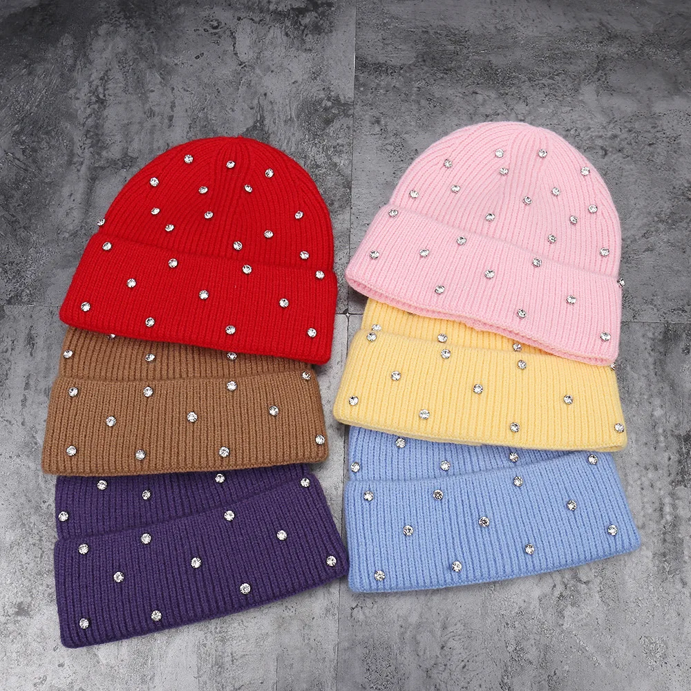 Winter Gestrickte Beanie Frauen Mode Strass Perlen Stricken Hüte Damen Casual Skullies Kappe Weibliche Einfarbig Casual Knochen – Detail 2