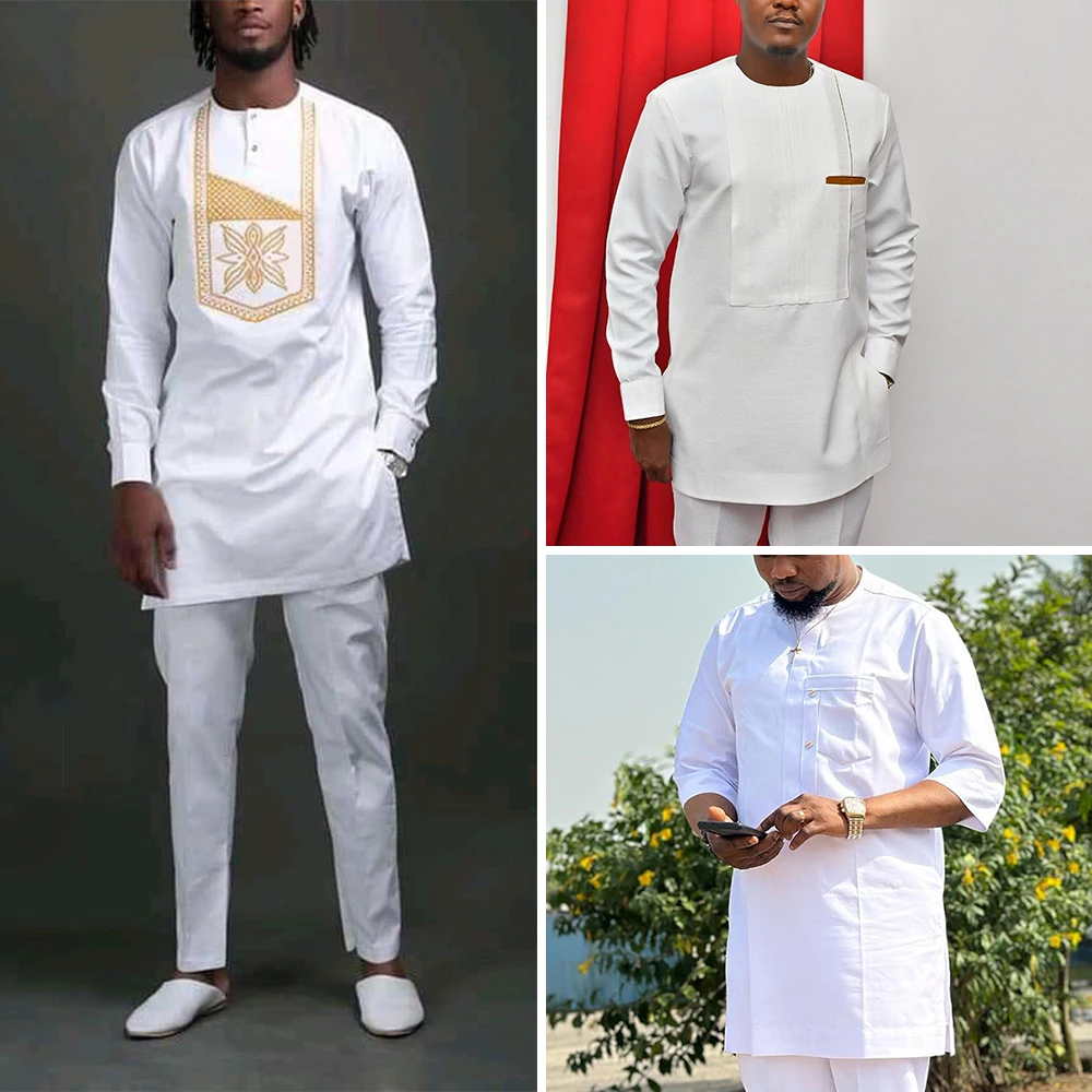 Conjunto de roupas Abaya de manga comprida masculino, camisa e calça, terno gola redonda, elegante dashiki kaftan, estilo étnico africano, novo, 2 peças