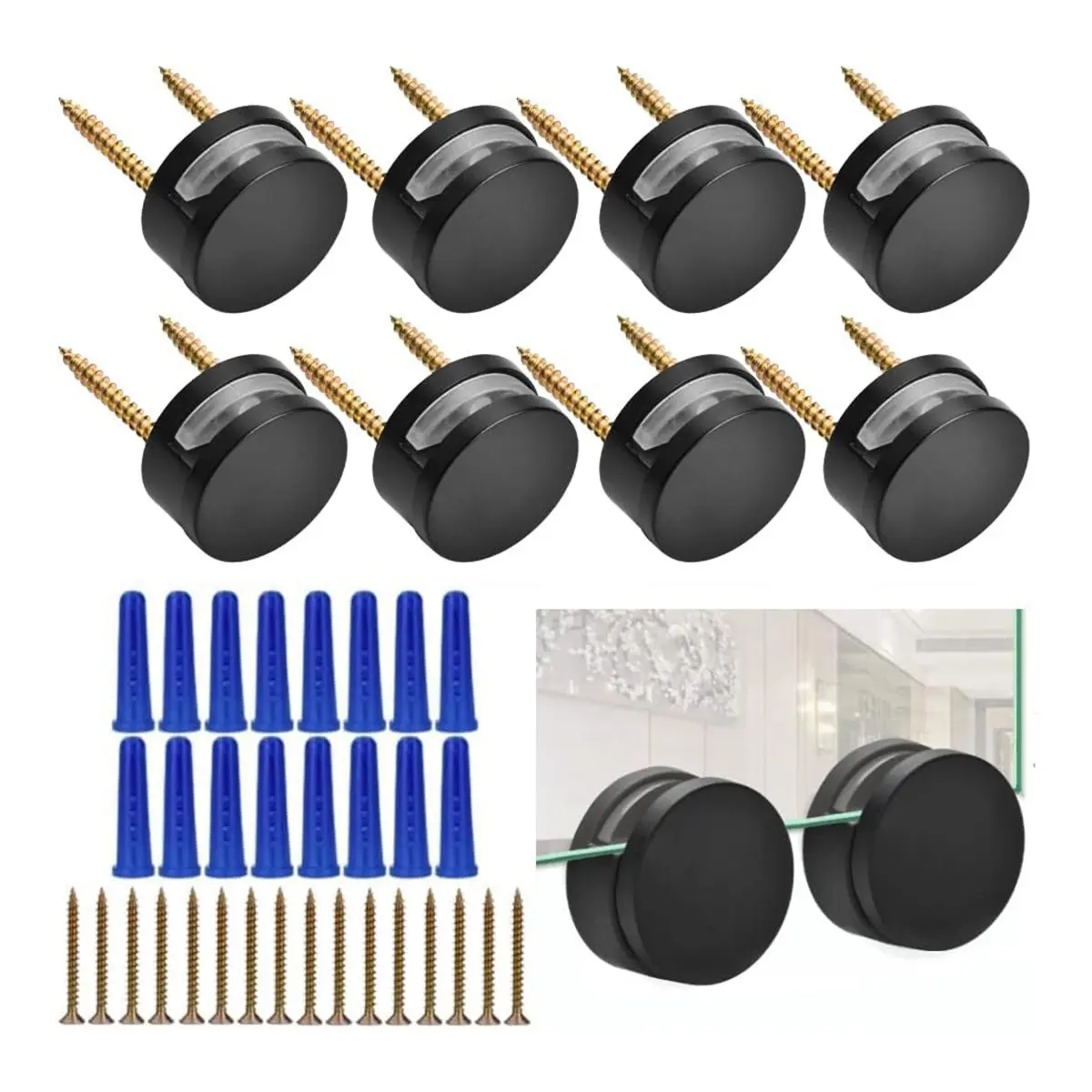 ABJY – matériel de montage de miroir sans cadre, 3-5mm, paquet de 8, Kit de montage de miroir de fixation à double vis avec vis et ancres noires