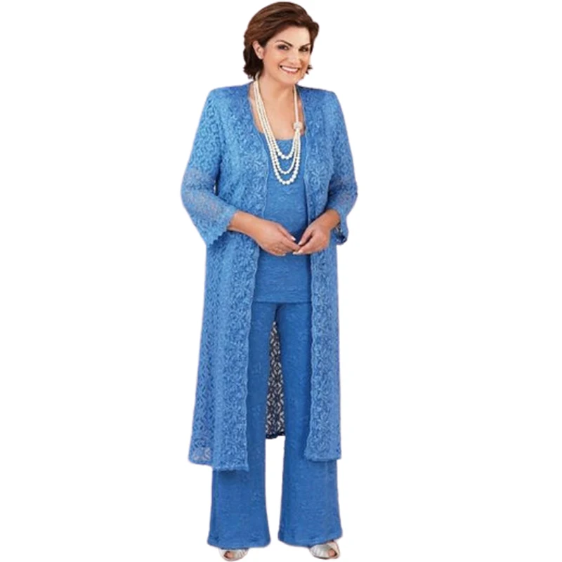 Customized Vibrant Blue Lace Pantsuit for Mother of the Bride Dresses Long Jacket Elegant Wedding Guest Outfit Attire mariage