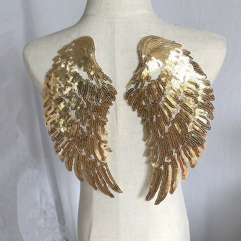 1Pair Gold Black Silver Angel Sequin Wings Embroidery Patch Applique Stick Iron On Clothes T-shirt  Jacket Decor Accessory DIY