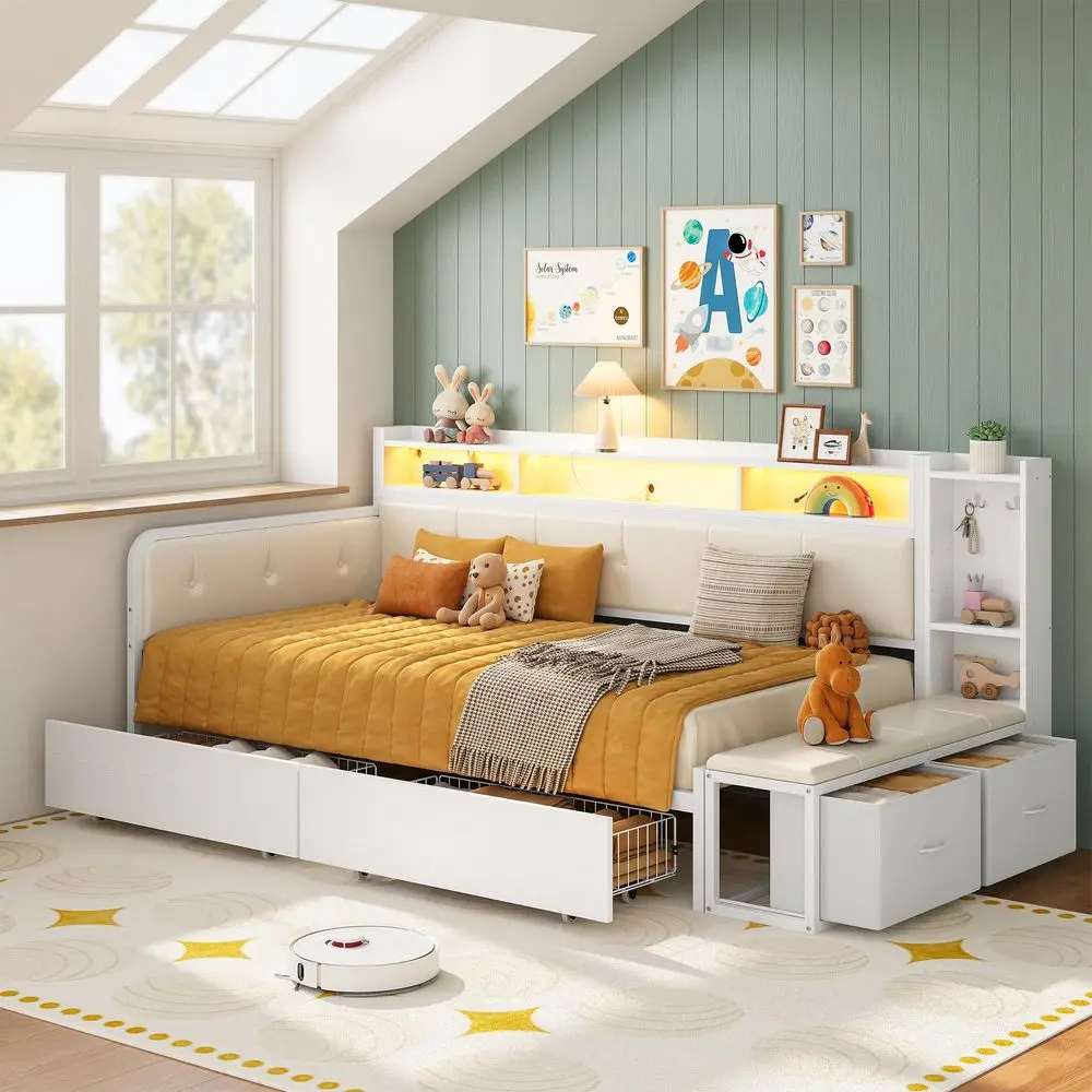 Corner Bed Frame with Storage Bench, Twin Daybed with 2 Drawers amp Charging Station, Bookcase Headboard for Living Room, Bedro