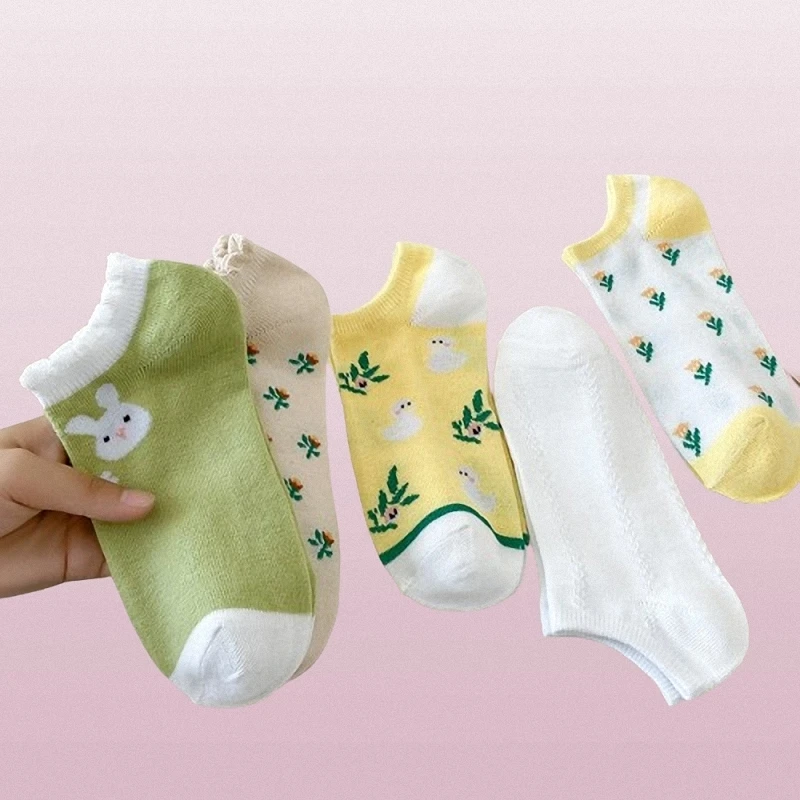 Calcetines invisibles de estilo Pastoral para mujer, para estudiantes de secundaria, finos, con flores pequeñas, para verano, 5/10 pares