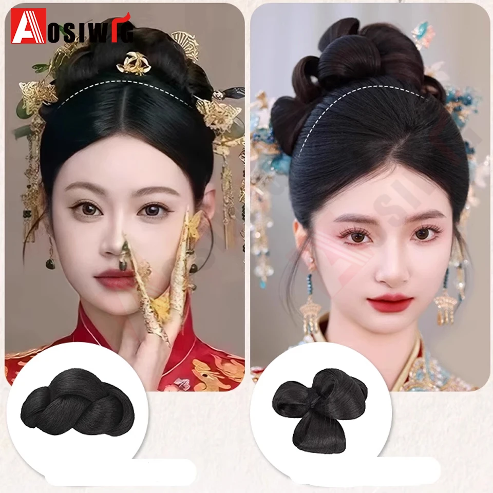 Synthetic Bridal hairstyle hair bun wig Synthetic Chignon Princess Hair Bun Cosplay Wig For Women 3 flowers and Add cushion hair