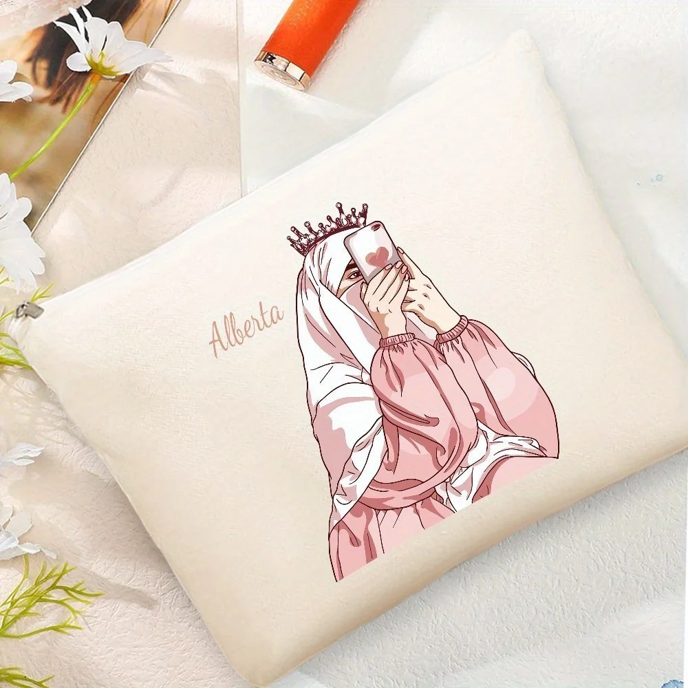 Custom Name Cosmetic Bag-Large Capacity Durable Cosmetic Bag, Women's Fashion Simple Zipper Closure, Muslim Girl Gift