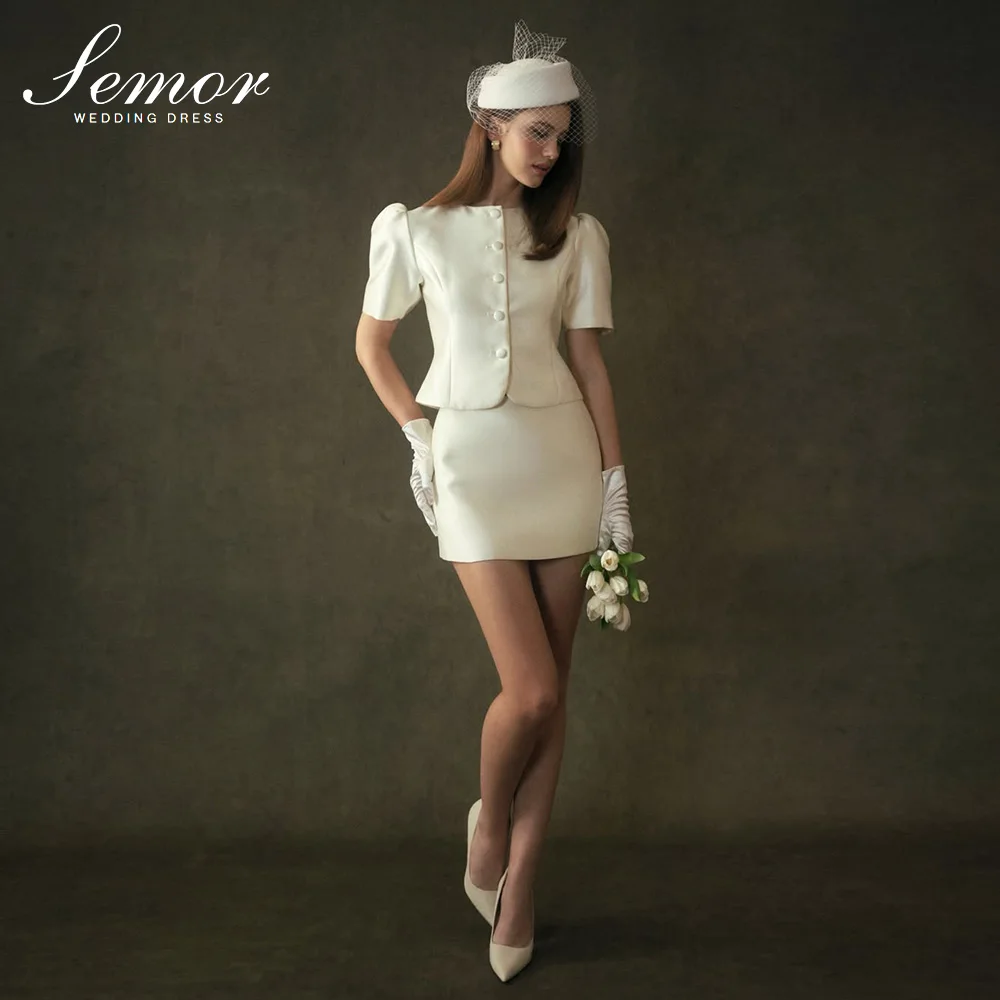 Semor Customized Elegant Short Puff Sleeves Mini Wedding Dress 2026 Stain Party for Bride свадебное платье Vestido De Novia
