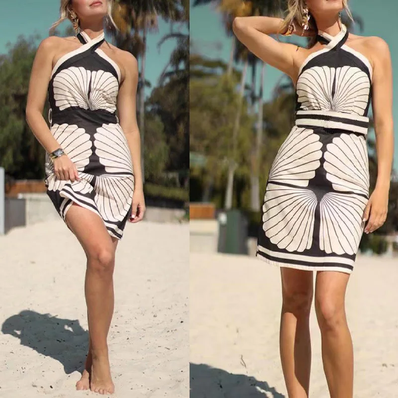 Maillots de bain couvrir femmes plage sortie tenues d'été dames robes pour 2025 vêtements Sexy coquille imprimé cou sangle Polyester