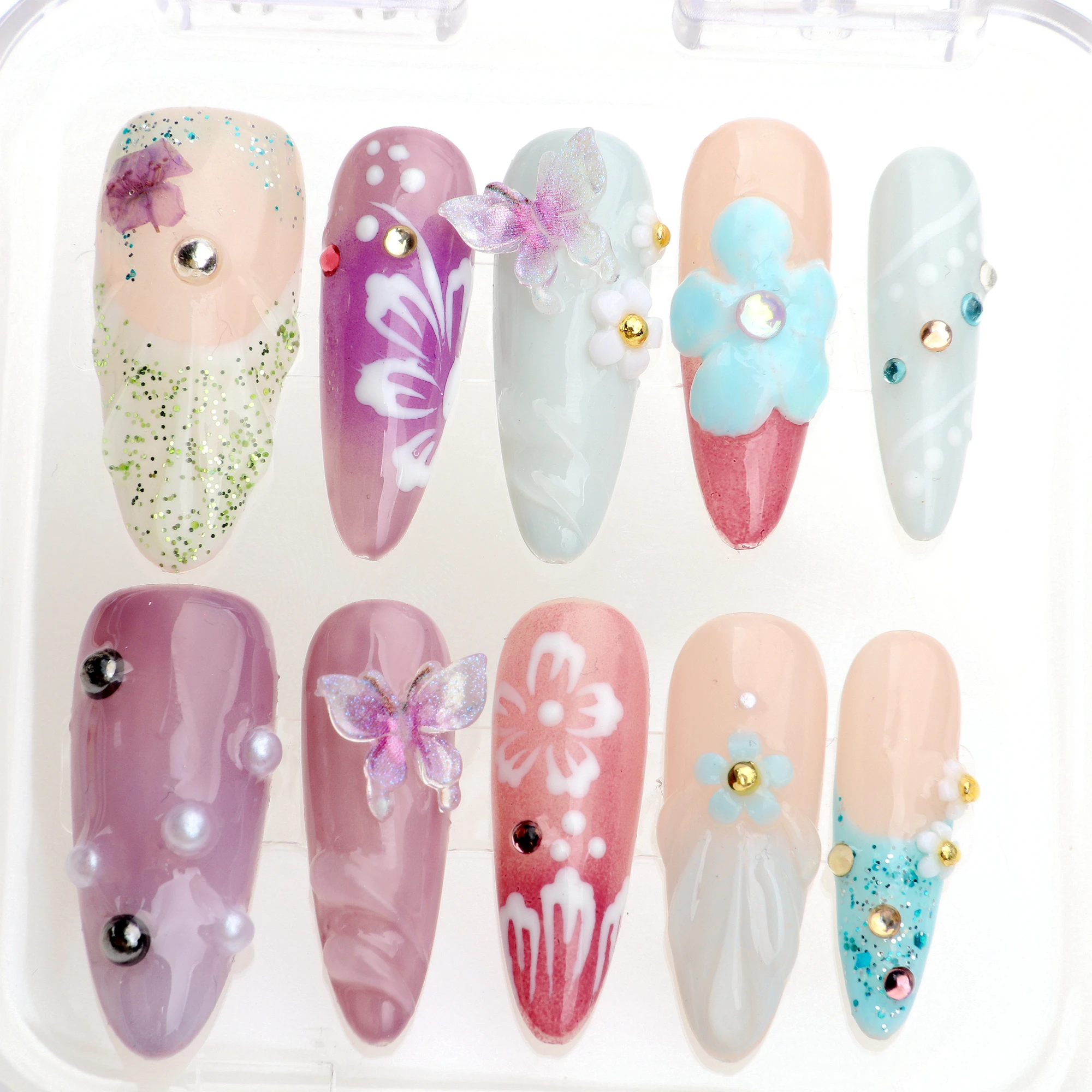 10Pcs 3D Butterfly press on nails Fairy Tale Flower Long Almond Press On Nails Dreamy Nails Y2K  with Adhesive Nail File Set