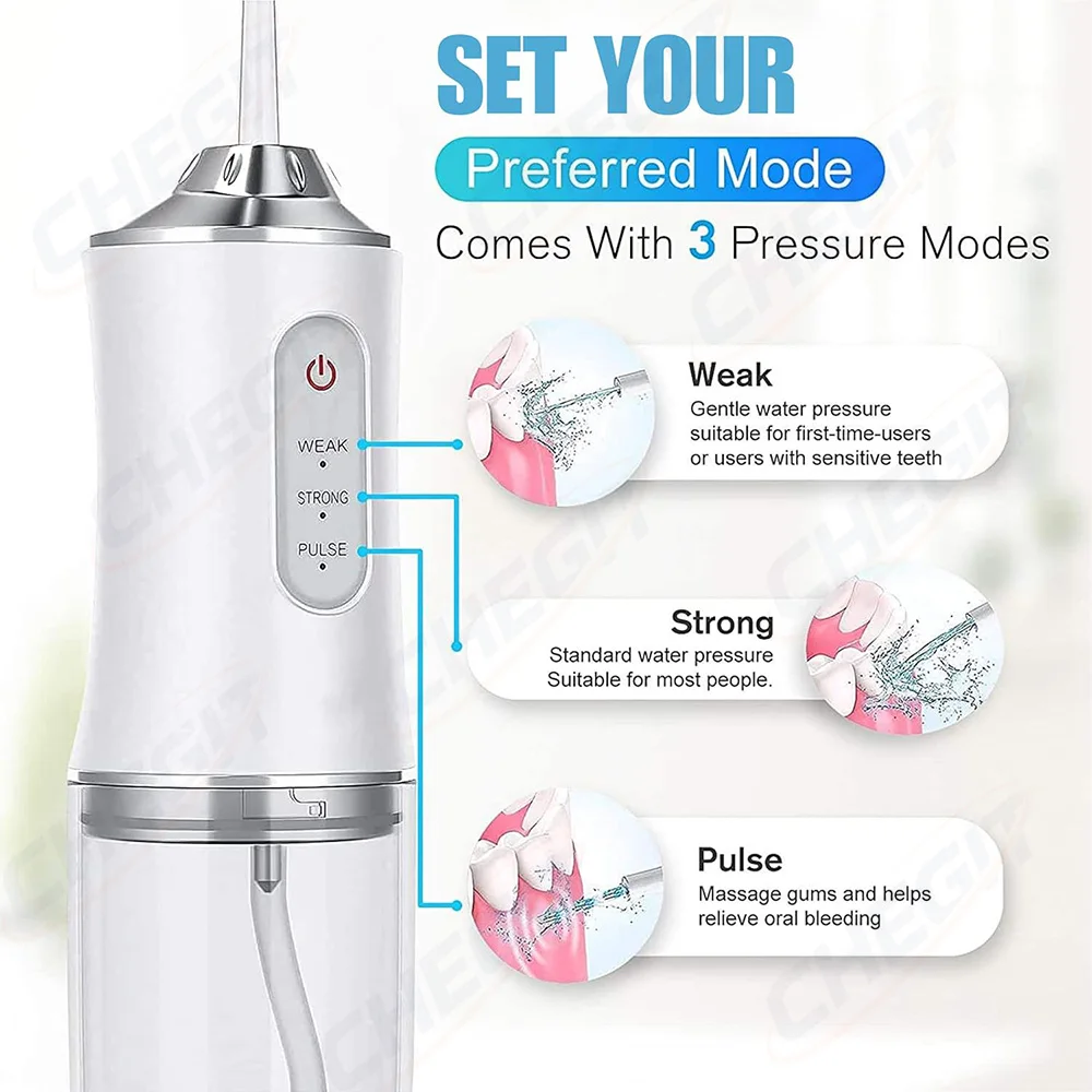 New Portable Oral Irrigator Dental Water Flosser USB Rechargeable Water Jet Floss Tooth Pick 4 Jet Tip 220ml 3 Modes image 5