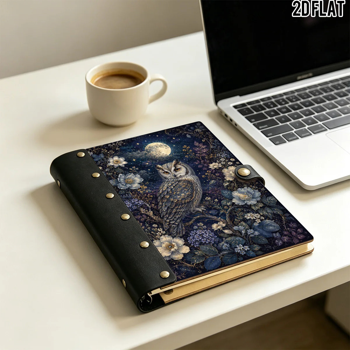 1PC 2D Flat Wooden Notebook, Full Moon Night Owl Blue Peony Starry Floral Print, Hardcover Riveted Notebook, 100 Pages With Twig