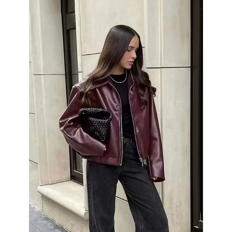 الخريف الشتاء الشارع الشهير السيدات بلايز النساء 2025 النبيذ الأحمر فو الجلود سترة موضة ملابس خارجية رشاقته سستة التلبيب بولي Coats معاطف #5