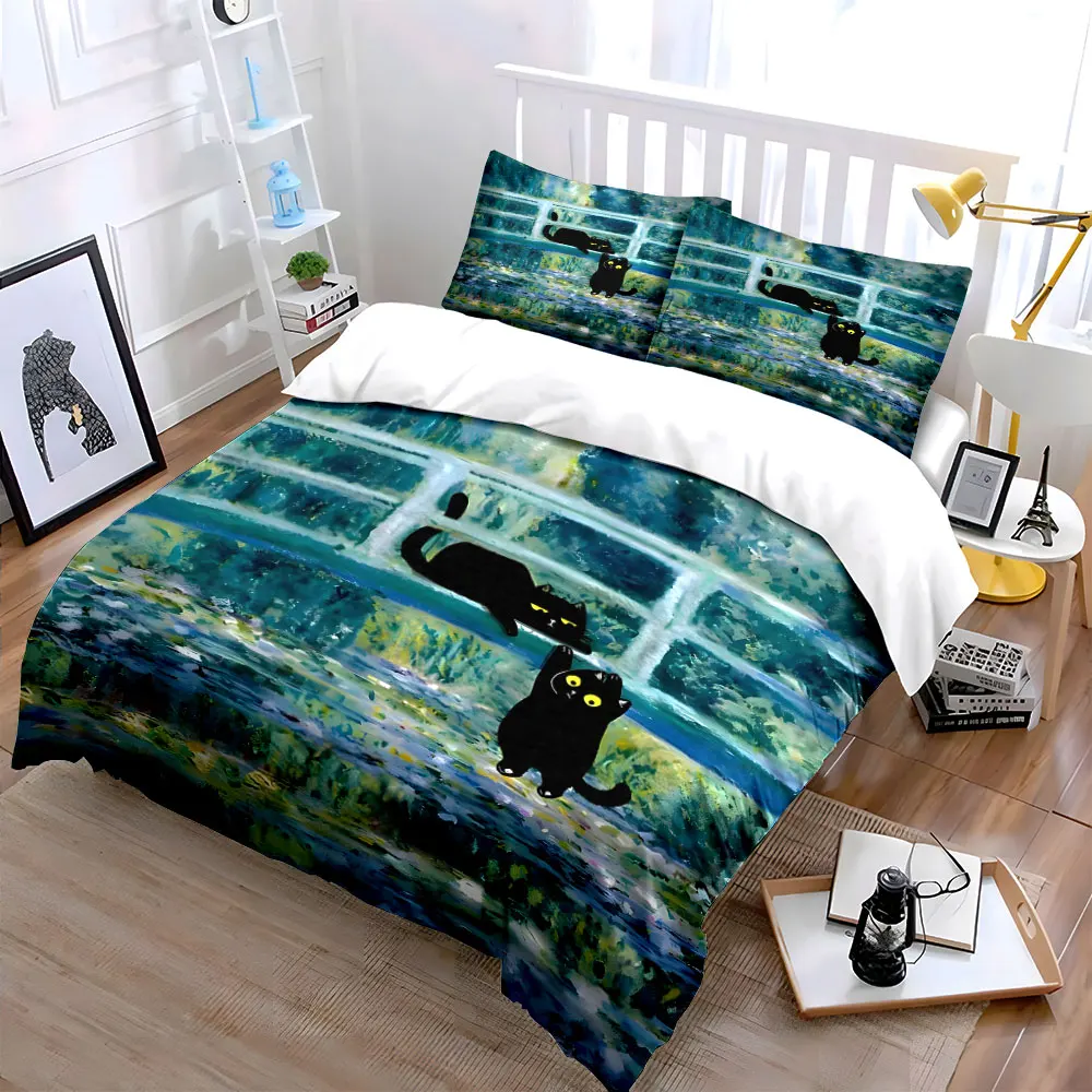 Two cute black cats on bridge Bedding Set for Kids Luxury Gift 3pcs Digital Print Comforter Set Soft Comfortable Breathable