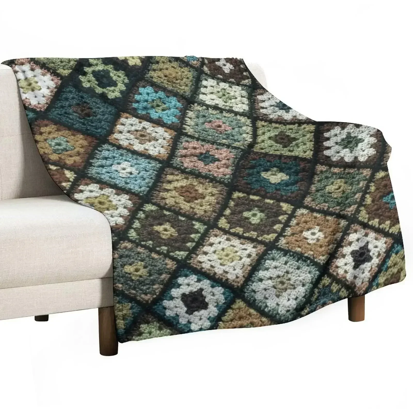 Crochet granny square pattern dark green Throw Blanket Cute Warm for sofa Luxury Blankets