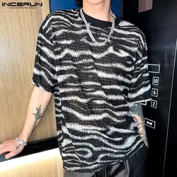 INCERUN Tops 2024 Korean Style Fashion Men's Zebra Pattern Perspective Jacquard T-shirt Casual Loose Short Sleeve Camiseta S-5XL