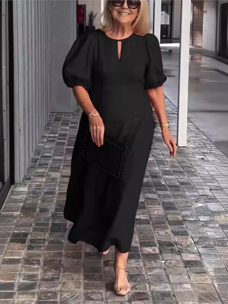 Casual Solid Color Cotton linen Puff Sleeve Long Dress For Women Summer Loose O Neck Elegant Party Dresses Ensemble Femme