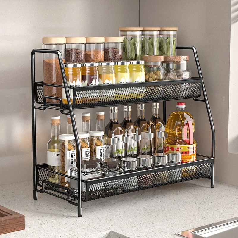 2-Tier Spice Rack Organizer Foldable Metal Rust-Proof Standing Shelf with Guardrail Mesh for Countertop Large Seasoning Storage