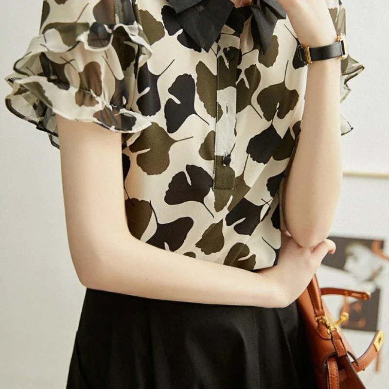 Chiffon Women's Shirt and Blouse New Chinese Style with Print Female Tops Comfortable Promotion Cute Elegant Economic Youthful