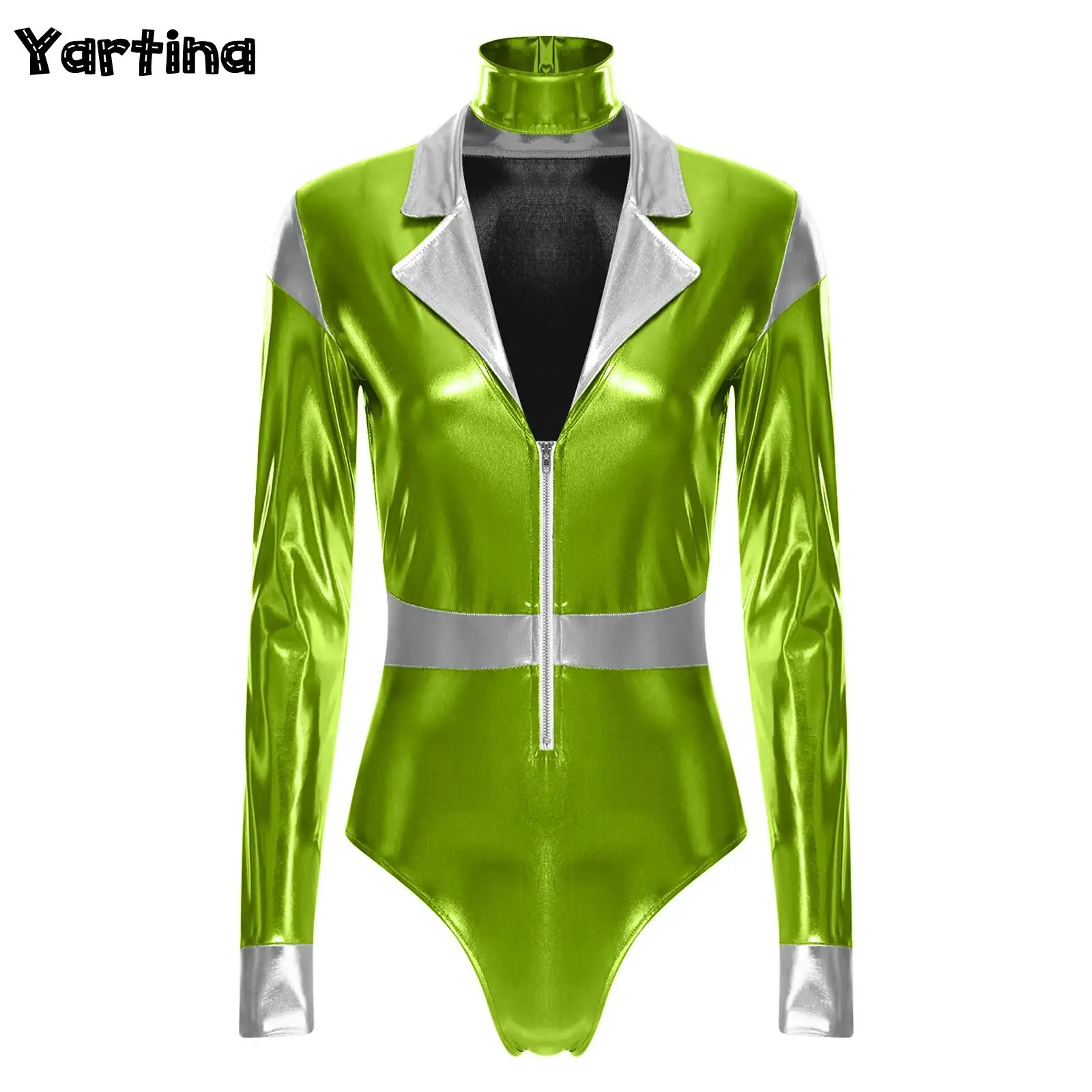 

Women Outer Space Alien Fighter Astronaut Cosplay Costume Long Sleeve Shiny Metallic Jumpsuit with Choker Halloween Outfits