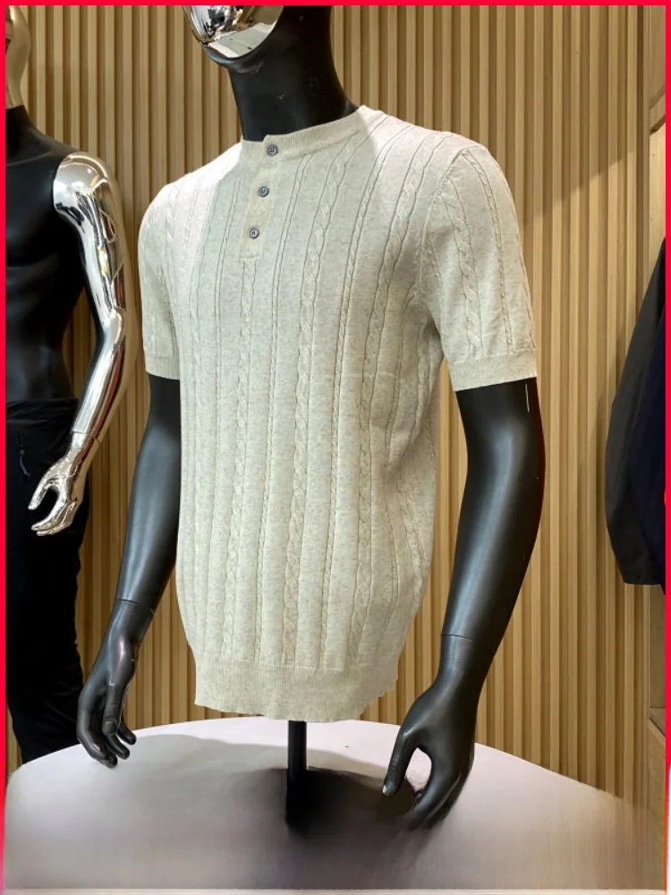 

Элегантная трикотажная футболка с коротким рукавом для мужчин: повседневный комфортный топ с воротником хенли, дышащий, легкий, летний, модный