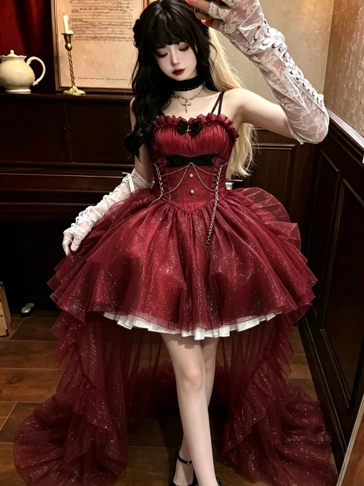 Vintage Princess Gothic Red Lolita JSK Dress Spaghetti Strap Ruffle Tulle Skirt with Chain Bow Decor High‑Low Hem for Women
