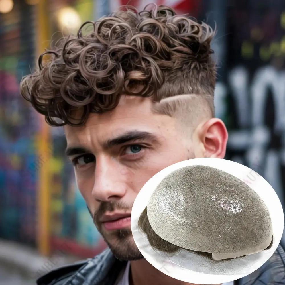 

25 мм вьющиеся натуральные волосы 0,06 мм с полной гибкой из человеческих волос, мужской парик, коричневый, блонд, необнаружимый протез для волос, капиллярная система