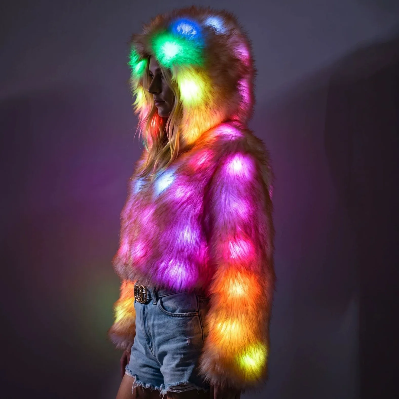 Women LED Faux Fur Coat Light up Hoodie Jacket Rave Party Nightclub Wear Halloween Christmas Costume Winter Warm Coat