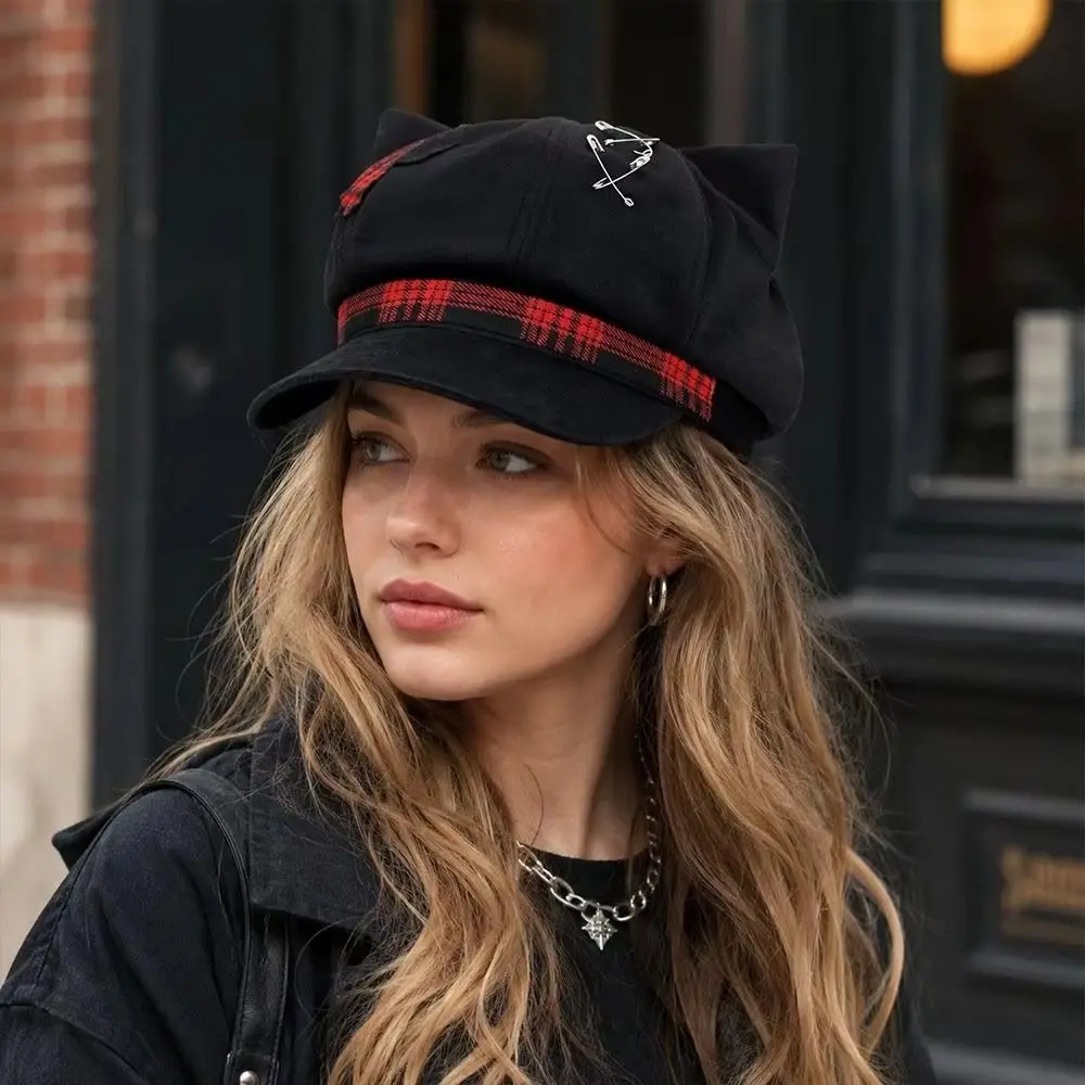Casual Thin Brim Cat Ears Beret Hat Irregular Y2K Painter Artist Cap Spice Girl Gothic Plaid Octagonal Hat Girls