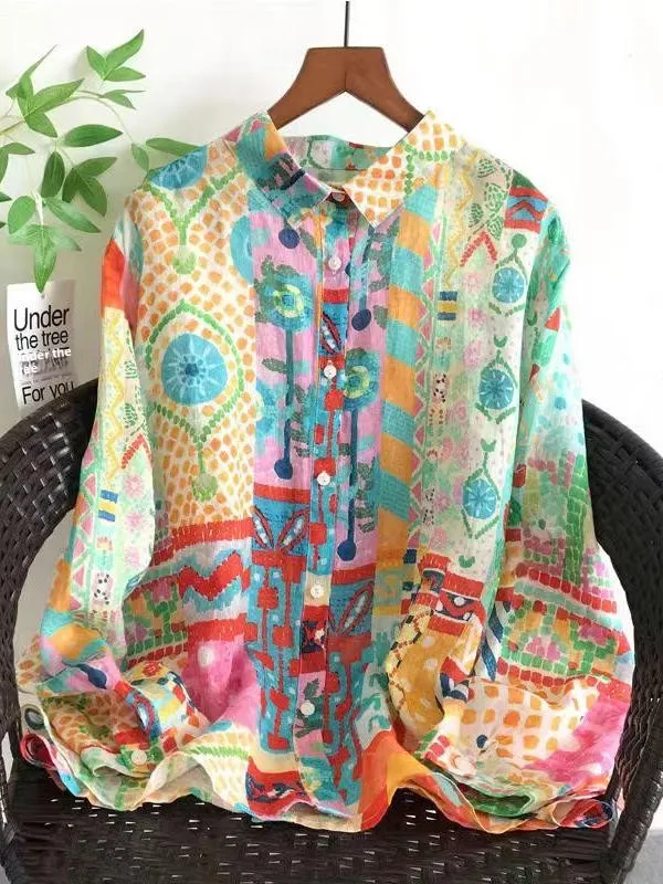 Vacation Vacation Style Women's Digital Print Shirt Linen Material Loose Fit Long Sleeve Button up Artistic Ethnic Trend Spring Summer - Aliexpress Deal